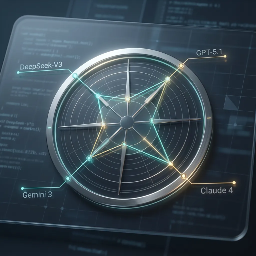 Radar chart comparing AI translation performance benchmarks for DeepSeek-V3, GPT-5.1, Claude 4, and Gemini 3